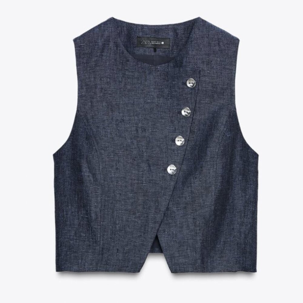 NWT Double Breasted Indigo Linen Vest, L